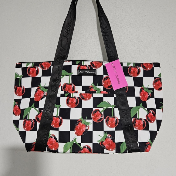 Betsey Johnson Black and White Checkered Tote Bag with Red Cherry Design - Picture 1 of 6